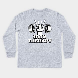 Iron Therapy, Weight Lifting Energetic Power Workout for Muscle Bodybuilding Kids Long Sleeve T-Shirt